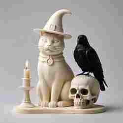 2248 Witch Cat Composition - Skull, Raven & Candleholder on Shared Ivory Base, magic, dragon, serpent, mask, gnome, gorgon, venetian carnival, wild, fox, monster, cat, fair, witch, werewolf, horror, beast, snake, troll, skeleton dance