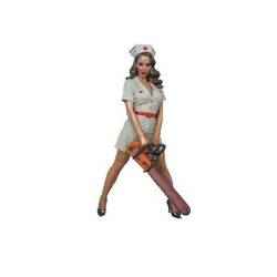 A woman in a nurse costume stands with a chainsaw. She has long hair and wears high heels. The outfit is light-colored with a red accent.