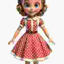 1950s Style 3D Cartoon cute Girl doll with Retro Dress