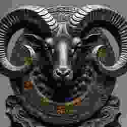 Detailed Ram's Head Sculpture: A Majestic and Mythical Masterpiece of Strength and Resilience with Ornate Ancient Plaques and Textured Horns