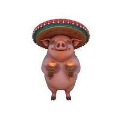 A smiling cartoon pig wearing a large sombrero and holding two maracas