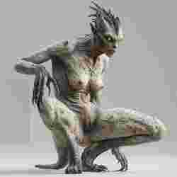 Predatory Crouch: A Humanoid Female Creature with Mottled Skin, Horns, and Glowing Orange Eyes in a Tense, Muscular Pose