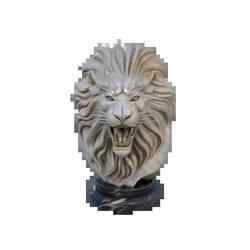 Masterful Lion's Roar Sculpture: Intricately Detailed Mane and Fierce Expression on an Elegant Dark Marble Base, Exuding Regal Strength