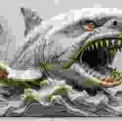 Dynamic Marble Shark: A Fierce Sculpture Leaping from Swirling Ocean Waves, Showcasing Intricately Carved Teeth and Lifelike Intensity