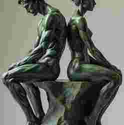 Back-to-Back Figures: Patinated Bronze Captures the Intricate Details of Human Strength and Grace, Juxtaposed on a Rough Pedestal