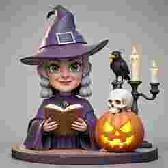 2365 Halloween Witch with Spell book, Skull, Raven and Pumpkin - Color 3D Model on Pedestal, halloween, magic, dragon, serpent, mask, gnome, gorgon, wild, fox, monster, cat, fair, witch, werewolf, horror, beast, snake