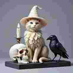 2371 Witch Cat with Skull, Raven, and Candlestick - Ivory-Style Figurine, halloween, magic, dragon, serpent, wood, gnome, gorgon, warrior, wild, fox, monster, cat, fair, witch, werewolf, horror, beast, snake, troll, skeleton dance