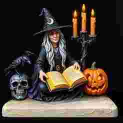 2411 Halloween Witch with Spell book, Skull, Raven and Pumpkin - Color 3D Model on Pedestal, Halloween, magic, spider, mask, gnome, gorgon, wild, bat, monster, mutant, fair, witch, werewolf, horror, beast, mutant spider, skeleton, skull