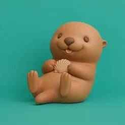 Cute Sea Otter Figurine STL - Kawaii Otter Holding Shell 3D Model