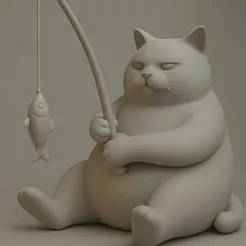 Fishing Cat 3D Model – Cute Chubby Cat with Fish STL for 3D Printing