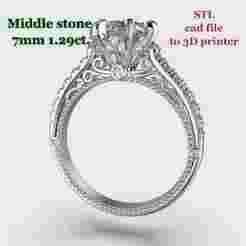 Printable jewelry engagement luxury victorian ring with middle stone 7mm - STL ready to print
