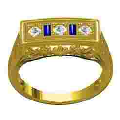 Round Diamond and Blue Sapphire Baguette Floral Engraving Ring