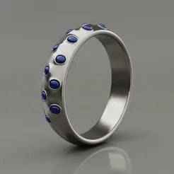 Silver Band Ring with Blue Gemstones - Modern 3D Print Jewelry