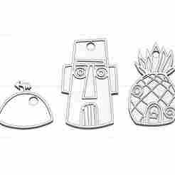 SpongeBob SquarePants House Pack Keychain - Pineapple, Rock and Statue